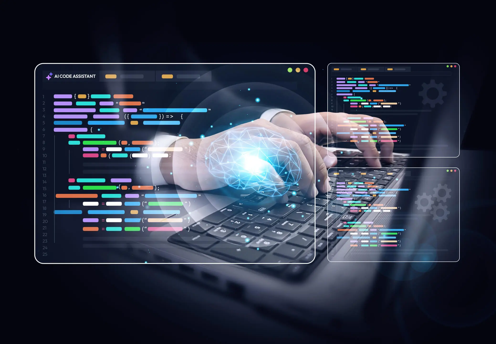 Hands typing on keyboard with digital code.