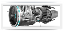 Jet engine with futuristic design and details.